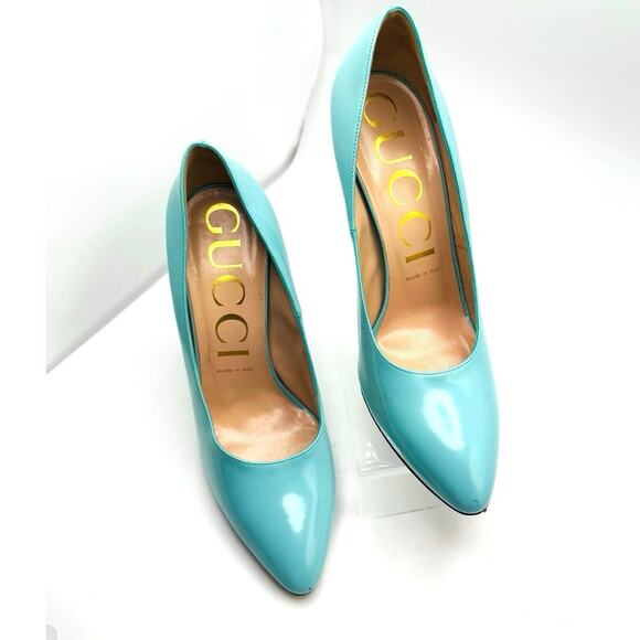 GUCCI GLOSSED-LEATHER PUMPS 110MM ELAISA LEATHER PUMPS IN Mint Green 39.5 - Picture 14 of 16